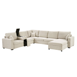 Modular 5 Seat U-Shape Sectional Sofa With Chaise Lounge, Built In Cup Holders And Storage Drawer