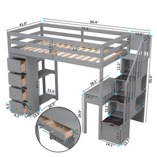 Loft Bed With Storage Drawers, Desk And Stairs With Shelves