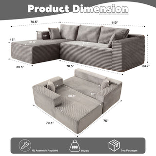 Compression Sectional Couch With Comfy Chaise, Boneless L Shape Sofa With Deep Seat