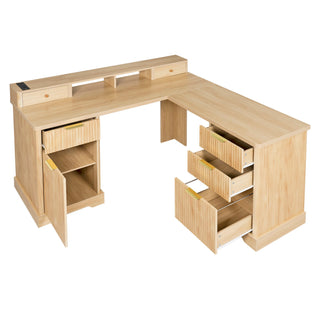 Fluted L-Shaped Desk With Charging Station & Storage Cabinet