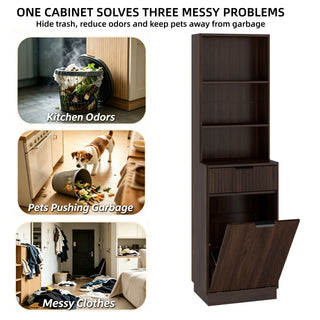 Tall Narrow Fluted Storage Cabinet With Trash Bin Compartment For Kitchen (Trash Can Not Included)