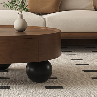 Round Coffee Table With Storage Drawer And Ball Feet - Walnut / Black