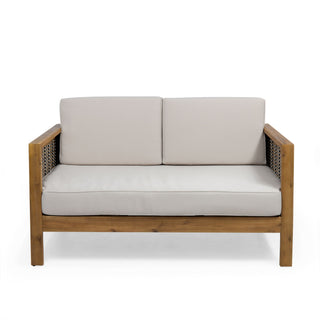 Outdoor 4 Seater Acacia Wood Chat Set With Wicker Accents And Cushions - Teak / Mixed Brown / Beige