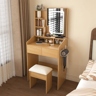 Vanity Table With LED Mirror, Power Outlet, Hairdryer Holder & Padded Stool, Compact Dressing Desk For Small Bedrooms - Wood