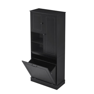 Modern Tall Storage Cabinet With Adjustable Shelves, Flip-Out Basket & Enclosed Doors