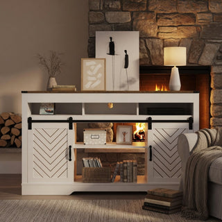 TV Stand With Sliding Barn Doors And Adjustable Storage - White / Oak