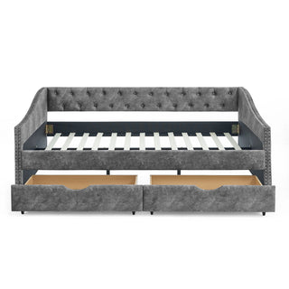 Upholstered Tufted Daybed With Drawers, Waved Arms