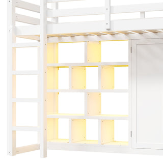 Twin Size Loft Bed With Wardrobe, Storage Shelves, Slide And LED - White