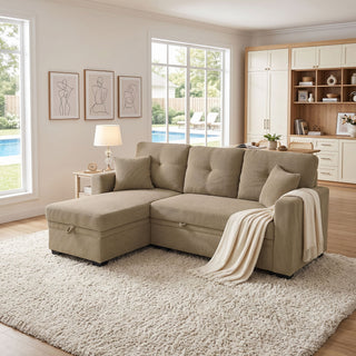 Sleeper Sectional Sofa With Pull Out Bed, Reversible Chaise, Hidden Storage