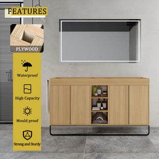 58" Freestanding Bathroom Cabinet With 4 Soft Close Doors & 3 Open Racks (Vanity Only, No Sink) - Oak
