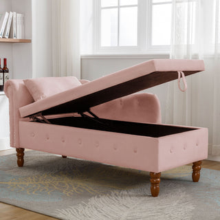 Chaise Lounge Indoor, Lounge Chair For Bedroom With Storage & Pillow, Modern Upholstered Rolled Arm Chase Lounge For Sleeping With Nailhead Trim For Living Room Bedroom Office