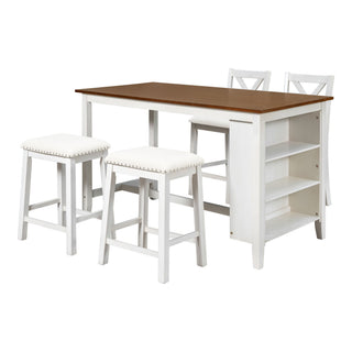 5 Pieces Counter Height Rustic Farmhouse Dining Room Wooden Bar Table Set With 2 Stools And 2 Chairs