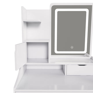 3 Color LED Vanity Mirror With Stool, Dressing Table For Bedroom, 2 Drawers & 5 Storage Cabinets (4 Open + 1 Hidden), Adjustable Lighting - White