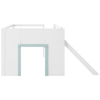 Modern Low Loft Bed With Slide, 3 Storage Drawers, And 2 Doors
