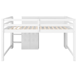 Low Loft Bed With Built In Desk, Storage Cabinets, Open Bookcase And Doodle board