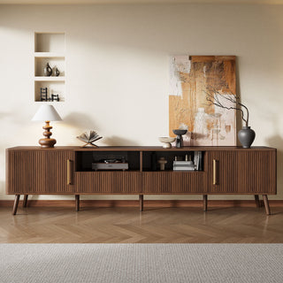 78" TV Stand For 85" TVs With Fluted Doors, Open Shelf, Cable Management - Walnut