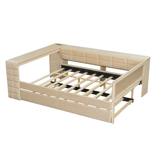 Upholstered Platform Bed With Storage Shelves, Desk, Charging Station And Trundle