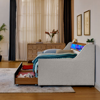 Upholstered Sofa Bed With LED Lights, Storage Headboard, Foldable Trundle & Wireless Charging