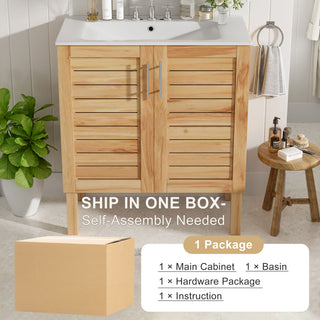 Bathroom Vanity With Ceramic Sink, Freestanding Cabinet - Antique Natural / Brown