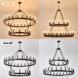 2 Tiers Wagon Wheel Chandelier Wooden Farmhouse 36 Light (24 / 12) Or (12 / 24) Metal Chandeliers 2 Story Light Fixtures Industrial For High Ceiling Living Dining Room Foyer, Adjustable Height - Black