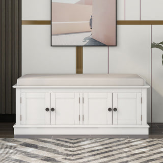 Storage Bench With 4 Doors And Adjustable Shelves, Shoe Bench With Removable Cushion For Living Room, Entryway