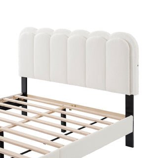 Queen Size Lambswool Petal Headboard Bed Frame With Ambient Light - White
