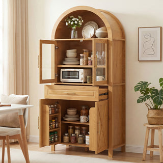 Arched Kitchen Pantry Cabinet With Adjustable Shelves And Barn Door Design