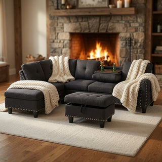 L - Shaped 3 Piece Sectional Sofa With Chaise, Storage Ottoman & Cup Holders