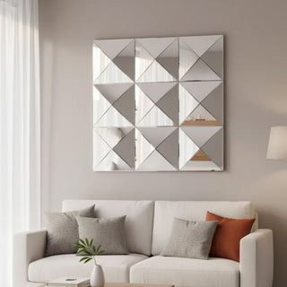3D Beveled Wall Mirror With Frame, Large Square Design For Living Room - Silver
