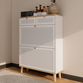 Modern Freestanding Shoe Cabinet With Flip Up Doors And Drawers, Compact Design For Entryway - White Natural