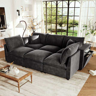 Modern Sectional Sofa U-Shaped With Movable Ottoman Storage Armrests And USB Ports