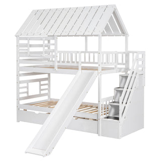 House Bunk Bed With Trundle, Storage Staircase, Roof And Window Design