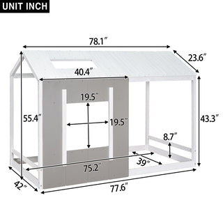 Twin Size House Platform Bed With Roof And Window - Natural / White