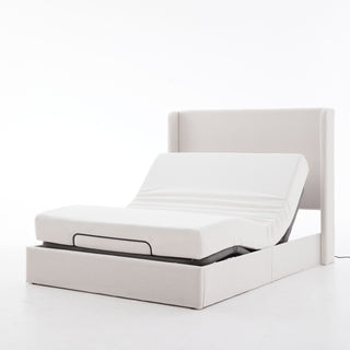 Caron - Queen Size Upholstered Wingback Bed With Adjustable Base Bundle Set - Ivory