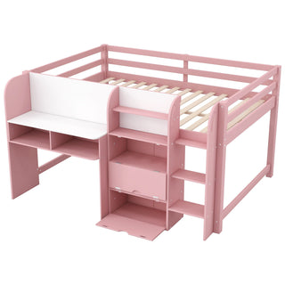 Low Loft Bed With Built In Desk, Storage Cabinets, Open Bookcase And Doodle board