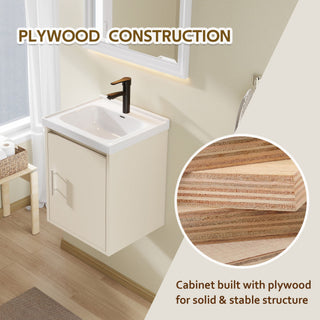 16" Floating Bathroom Vanity Combo, Wall Mounted Cabinet With Sink & Soft Close Doors For Small Bathrooms - Khaki
