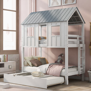 Twin Size House Bunk Bed With Trundle, Roof And Windows - White / Gray