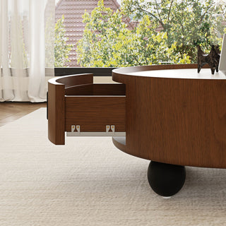 Round Coffee Table With Ball Feet, Pull Handle Storage Drawer - Bouguer Walnut / Brown