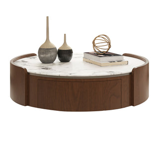 Round Coffee Table With Ball Feet, Dual Storage Drawers For Living Room - Walnut Brown
