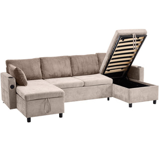 Sectional Sofa Bed With Pull Out Sleeper, USB Ports, Cup Holders