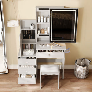 Vanity Desk Set With Sliding Lighted Mirror, 4 Drawer Makeup Dressing Table With 9 Storage Spaces, Hidden Compartments & Cushioned Stool, Beauty Furniture For Bedroom - White