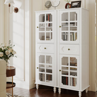 Storage Cabinet, Freestanding Curio Cabinet With Grid Doors & Drawer, Pantry Display Cabinet For Kitchen