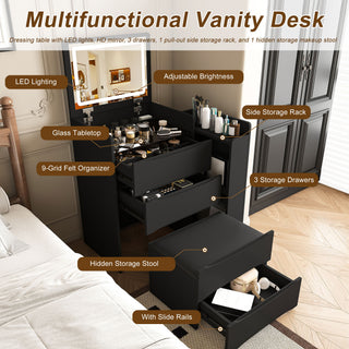 Flip Mirror Vanity Desk With Adjustable LED Lights & Stool For Bedroom
