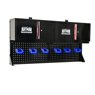 Wall Mounted Double Door Storage Cabinet With Tool Rack And Hooks, Stainless Steel - Black / Red