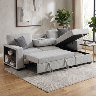 Buzz - Reversible Sleeper Sectional Sofa With Storage Chaise, Console Arm, USB Charging & Cup Holders - Gray