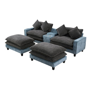 Sectional Sofa With Removable Ottomans, USB Ports, Cup Holders & Storage - Gray / Light Blue