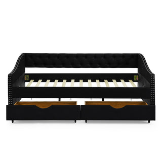 Upholstered Tufted Daybed With 2 Drawers, Waved Arms