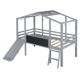 Loft House Bed With Ladder And Slide, With board And Light Strip On The Roof