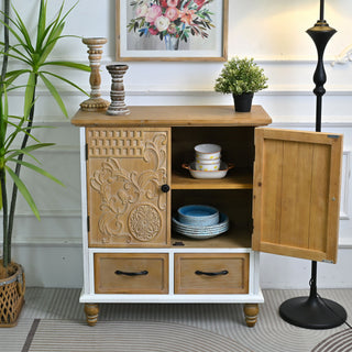 Accent Flower Carved Door Sideboard Cabinet With 2 Drawers For Kitchen - Natural Wood Wash / White