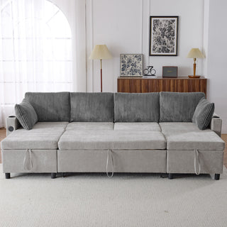 Sectional Sofa Bed With Pull Out Sleeper, USB Ports, Cup Holders